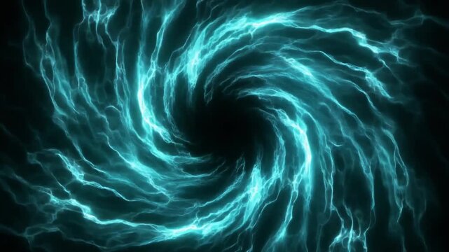 Vivid cyan plasma energy swirls and twists in a slow, hypnotic seamless loop against a dark background, with fiery glowing edges &mdash; perfect for tech, gaming, corporate, and science visuals.