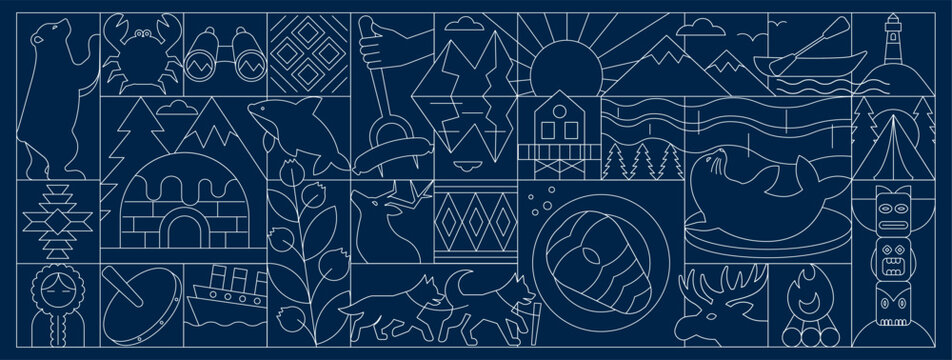 Alaska Geometric Line Art Banner and Pattern with Arctic Nature, Wildlife, Mountain, Art Deco Mosaic