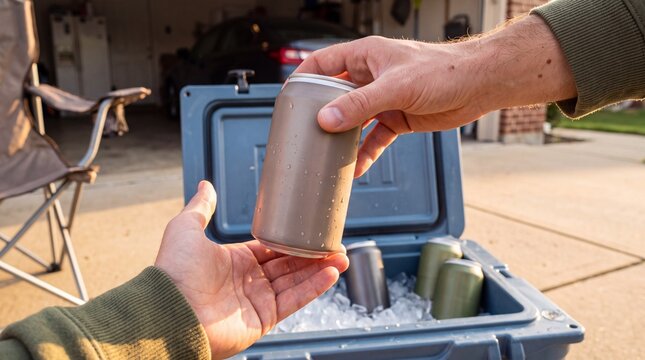 Hand passing a canned drink from an ice-filled cooler on a driveway