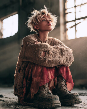 Mujer joven con estilo grunge sentada en nave industrial abandonada