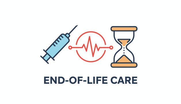 Medical infographics detailing end-of-life care using syringe, heartbeat line, and hourglass icons.