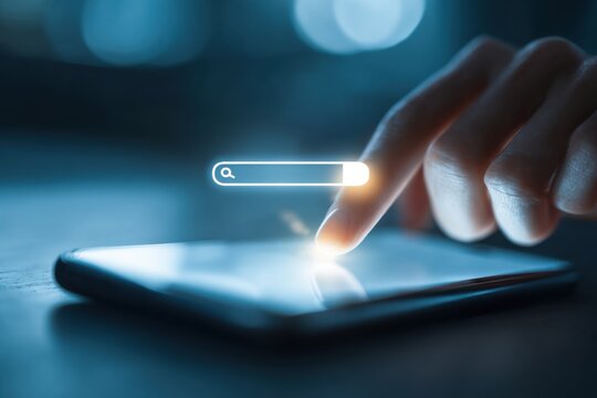 Person using smartphone with glowing search bar icon illustrating digital interaction and online information seeking on a touchscreen device at night