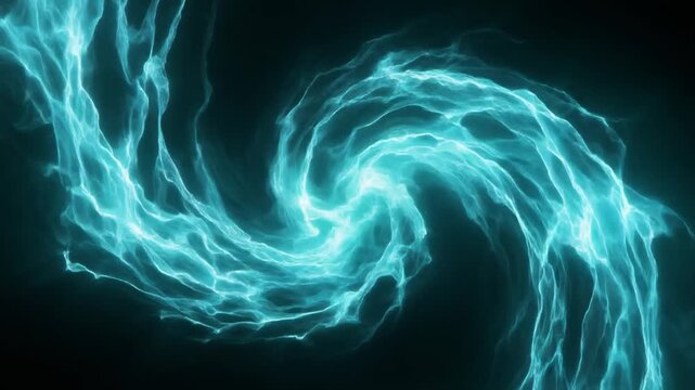 Vivid cyan plasma energy swirls and twists in a slow, hypnotic seamless loop against a dark background, with fiery glowing edges &mdash; perfect for tech, gaming, corporate, and science visuals.