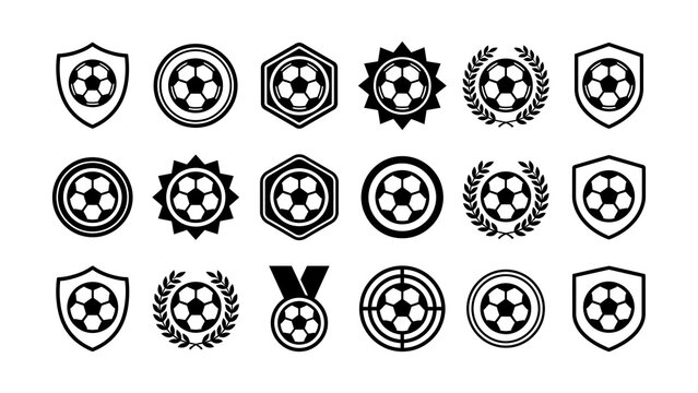 Collection of soccer ball emblems with various shapes and decorative borders