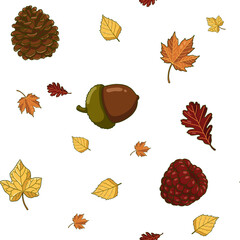 Oversized autumn forest items seamless pattern with large pinecones, acorns, wild berries, and maple leaves. Bold fall background for fabric and packaging. © Mely