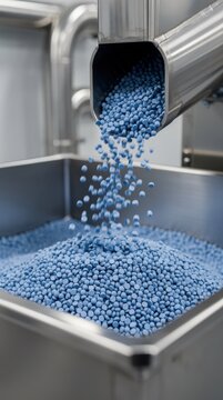 Blue plastic pellets pouring from a metallic chute into a large container in an industrial setting.