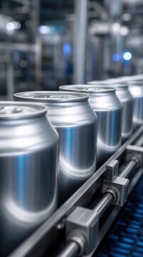 Rows of blank aluminum cans move along a conveyor belt in a clean, industrial beverage production line.