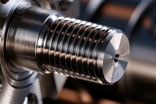 Precision-engineered metal screw thread with polished surface reflecting light in an industrial manufacturing setting