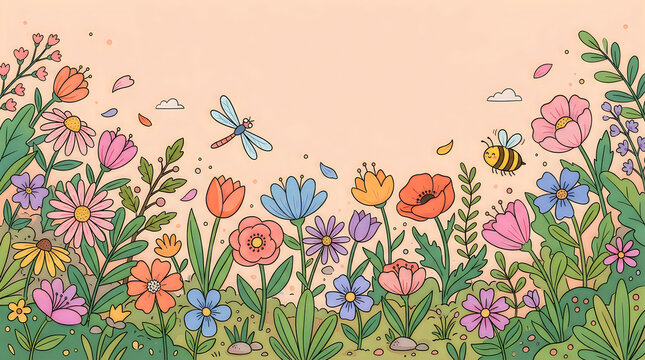 Whimsical floral meadow illustration with dragonfly and bee