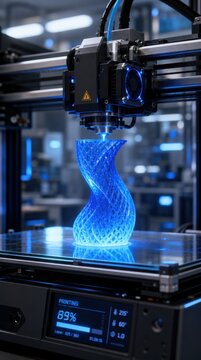 A 3D printer creates a glowing blue twisted vase, showing advanced additive manufacturing technology in a modern industrial setting.