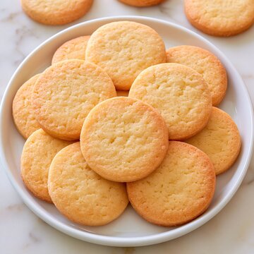 Stack of round buttery shortbread cookies arranged on a white ceramic plate over light marble background showing delicious homemade baked sweet snack for afternoon tea