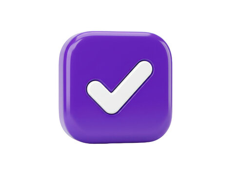 Purple 3D check mark icon button for user interface design and task completion status.
