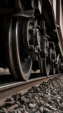 Close-up of train wheels and railway tracks with detailed metal components and gravel beneath, highlighting industrial strength and precision.
