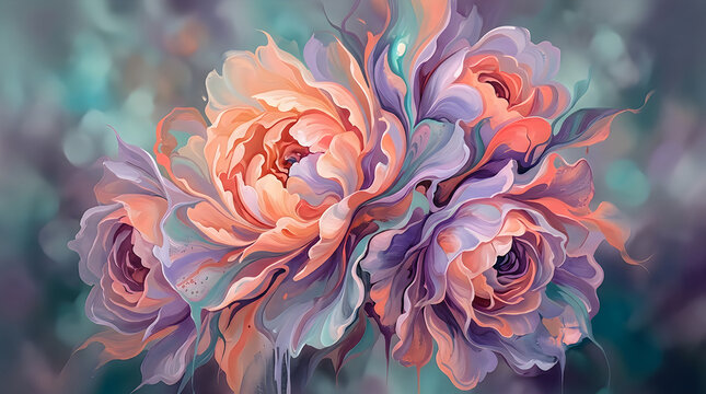 Abstract floral arrangement peach and lavender roses in fluid acrylic style