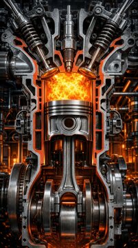 Cross-section of an internal combustion engine showing the piston, valves, and fiery combustion inside the cylinder.