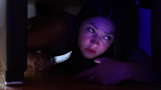 Frightened woman shelters beneath bed with smartphone and kitchen knife. Police flashes cross her face as she waits for rescue.