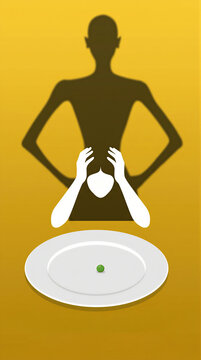 Thin woman silhouette and plate with single pea. Concept of eating disorder and anorexia. Psychological struggle with food intake and body image issues. Mental health awareness.
