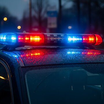 Police car emergency lights flashing at night.