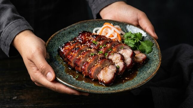 Hands Holding Plate of Glazed Asian Barbecue Pork Slices with Sesame and Pickled Vegetables