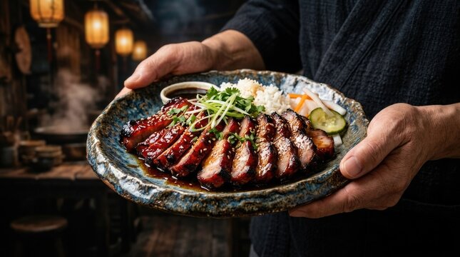 Chef Holding Rustic Plate of Asian Glazed Barbecue Pork with Rice Herbs and Pickled Vegetables