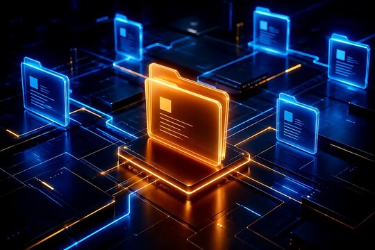 Central glowing orange digital folder surrounded by blue document icons for centralized database management and network archiving