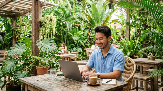 Smiling Young Man Working Remotely on Laptop at Tropical Outdoor Cafe Surrounded by Lush Green Plants
