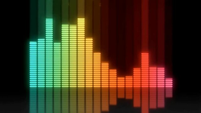 A colorful audio equalizer visualizer graphic with vertical glowing bars moving up and down to the rhythm of sound against a dark background.