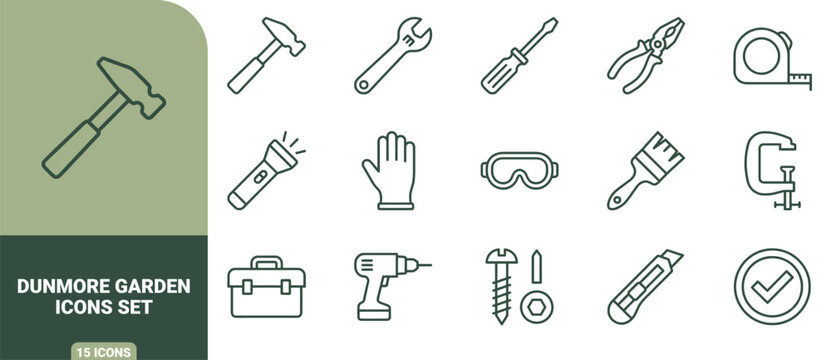 Dunmore garden icons set featuring 15 green outline symbols of tools, hardware, and equipment on a white background