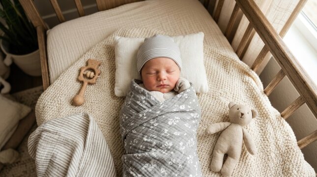 Peaceful Newborn Baby Sleeping Swaddled in Cozy Wooden Crib with Teddy Bear and Natural Nursery Accessories