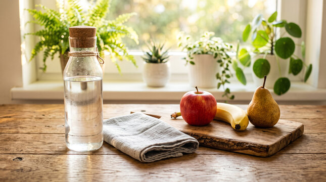 Healthy snack with fresh fruits apple banana pear and bottle of water on wooden table, wellness.