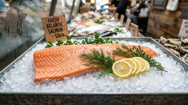 Fresh Raw Atlantic Salmon Fillet Displayed on Crushed Ice with Lemon and Herbs at Seafood Market