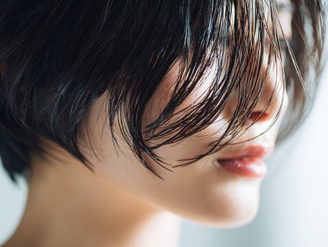 濡れた束感のあるショートヘアの髪の間から唇を覗かせるアンニュイな表情の若い女性