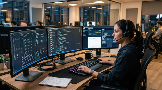 Female Software Developer Working with Multiple Monitors and Coding in Modern Tech Office
