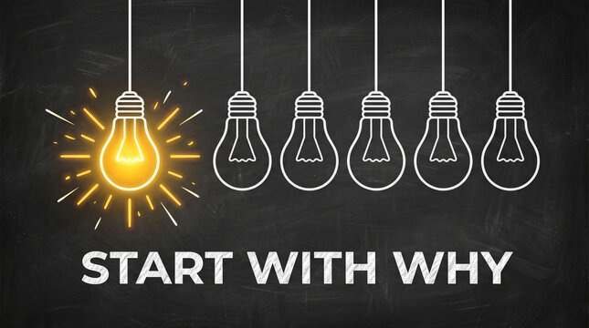 Start with why bright glowing light bulb among others on chalkboard background concept for inspiration creativity and idea.