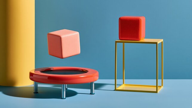 Glossy claymation-style illustration of a small round trampoline in a calm neutral palette