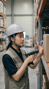 Warehouse worker scanning a box on a shelf with a handheld barcode reader