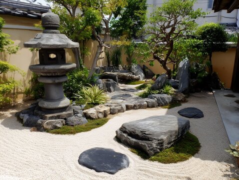 枯山水が美しい日本庭園の風景と石灯籠や景石に苔が調和した伝統的な和風庭園の屋外写真