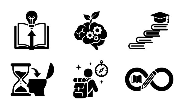 Education Icons Set: Learning, Knowledge, Growth, Brainstorming, Journey, Infinity, Vector Graphics