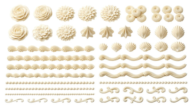 Buttercream frosting piping set, decorative white icing swirls and flowers, cake decorating elements on white background
