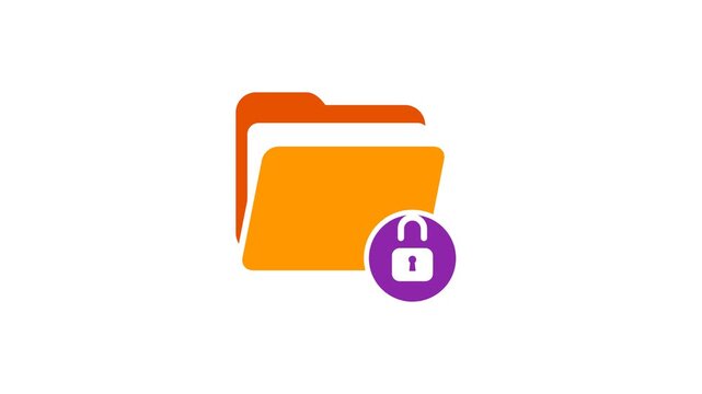 Digital orange folder icon with purple security padlock for data protection and privacy animation.