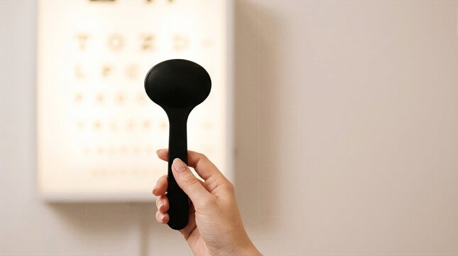 Person holding black spoon shaped eye occluder with blurred snellen chart in background.