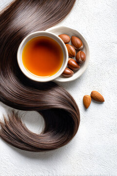 A lock of long, straight hair rests beside a bowl of amber argan oil and Moroccan argan seeds on a clean white surface, providing space for text