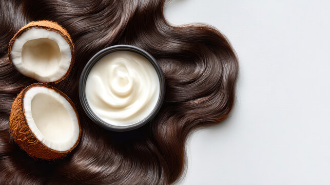 Close view of long dark brown hair beside a black bowl of coconut oil and two halved coconuts on a clean white surface