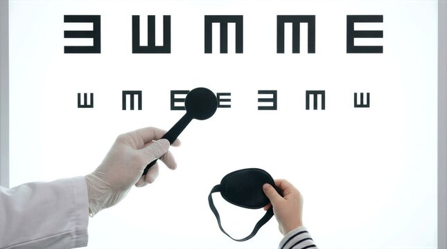 Child with eye patch taking vision test with doctor pointing at Snellen chart.