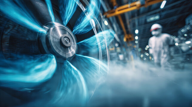 A factory scene shows a large fan spinning quickly, creating blue motion blur. A worker is seen in the background, working amidst fog and machinery