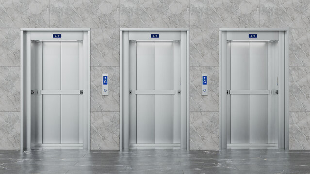Three Modern Elevators Doors Open. Metal Elevator, Lift Doors Open Interior. 3D Illustration