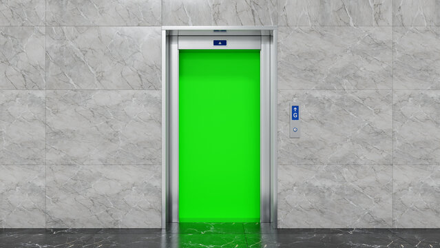 Elevator Doors Open Green Screen. Modern Elevator Opening and Reveal Green Screen. 3D Illustration