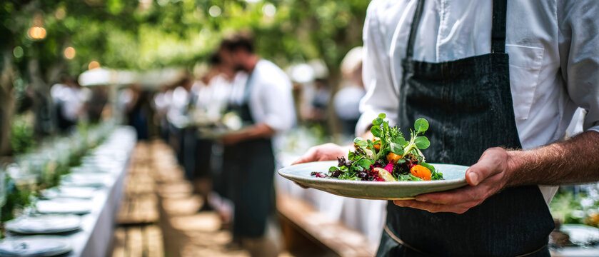 Waiter stands in center and holds a white plate filled with fresh herbs and vegetables. Other waiters are behind him at an outdoor event with set tables
