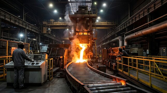 Industrial heavy machinery pouring molten metal into rolling mill within steel foundry setting during manufacturing process for metalwork construction materials.