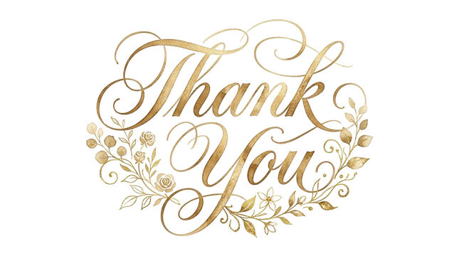 Elegant gold calligraphy thank you text, luxury floral script lettering, decorative golden foliage wreath on white background